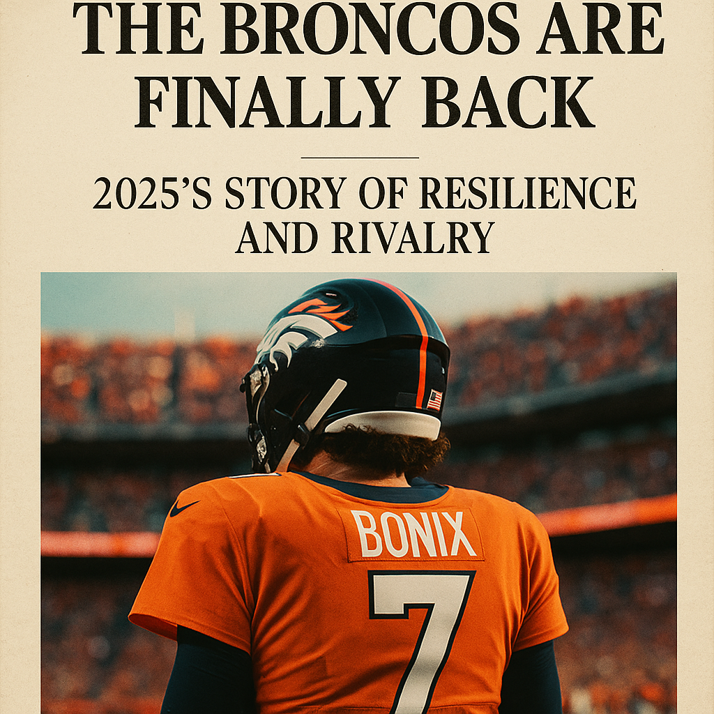 Denver Broncos quarterback in an orange jersey stands facing a sunlit stadium filled with cheering fans, symbolizing the team’s 2025 comeback season.