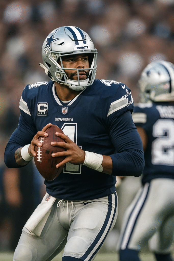 Dallas Cowboys quarterback in a navy uniform holding the football and scanning the field during an intense NFL play.