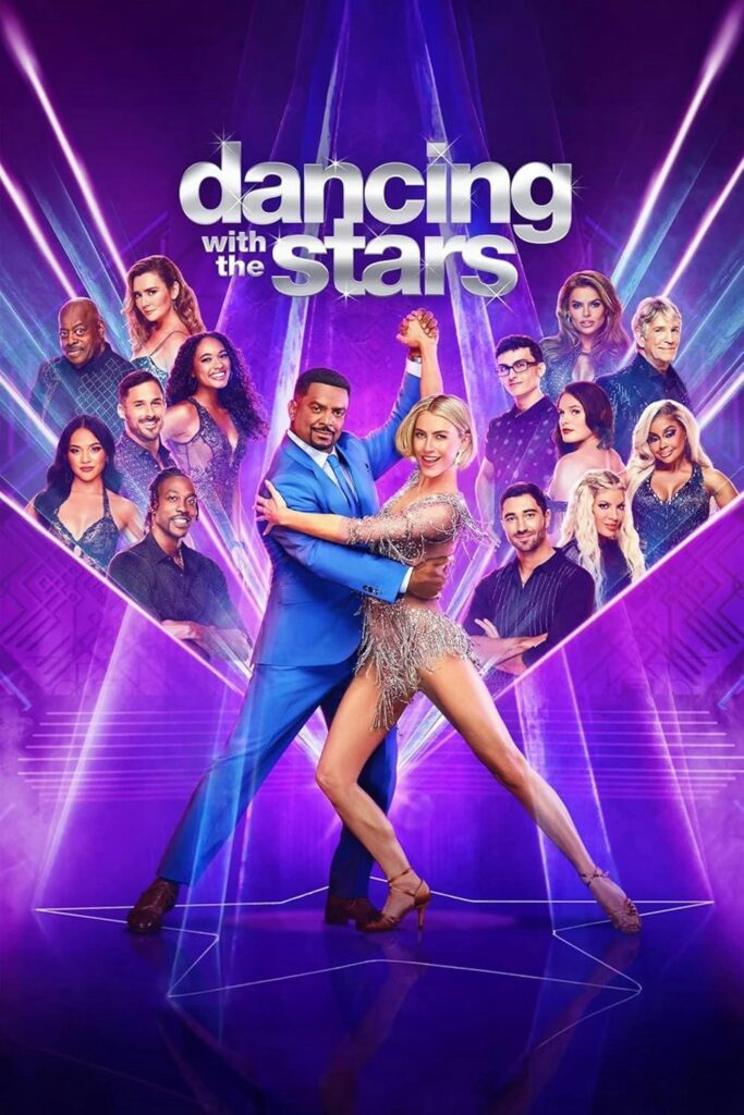 Promotional poster for Dancing With the Stars featuring professional dancers and celebrity contestants posed against a vibrant purple background with neon light effects.