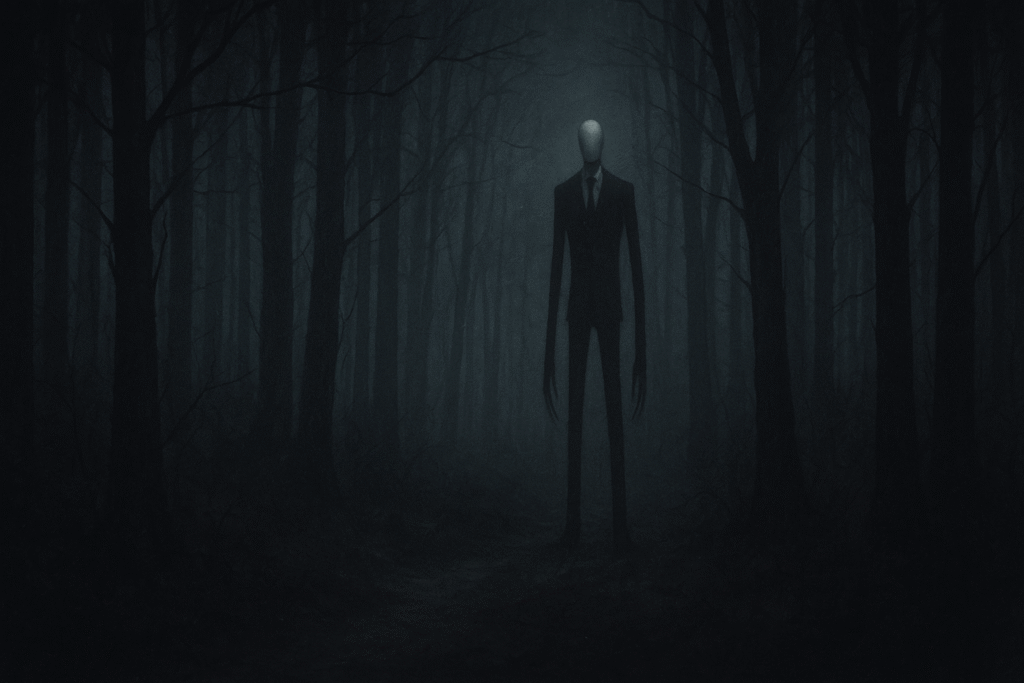 A dark, foggy forest with a tall faceless Slender Man morgan geyser figure standing among the trees, representing the eerie myth surrounding the case.