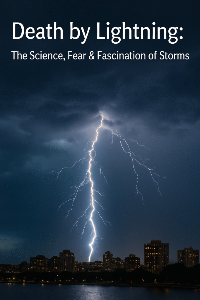 A powerful Death by Lightning bolt strikes the city skyline at night, illuminating dark storm clouds above shimmering buildings.