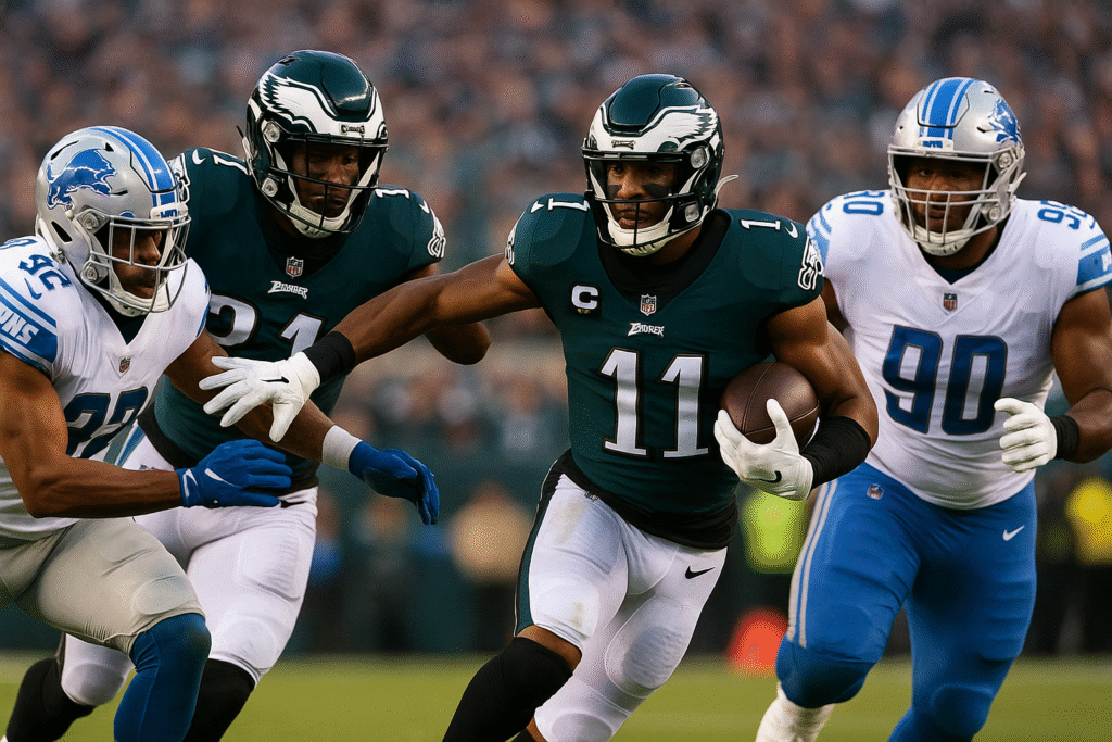 Eagles vs Lions : Philadelphia Eagles player running the football while being chased by Detroit Lions defenders during a high-intensity NFL game.