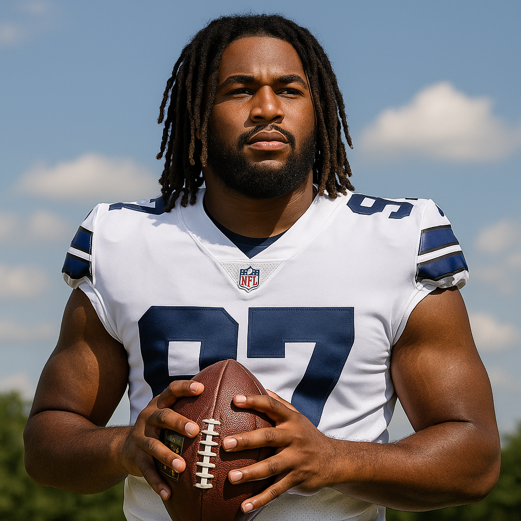 Marshawn Kneeland of the Dallas Cowboys poses outdoors in a white and navy football uniform, holding a football with both hands under a bright blue sky.