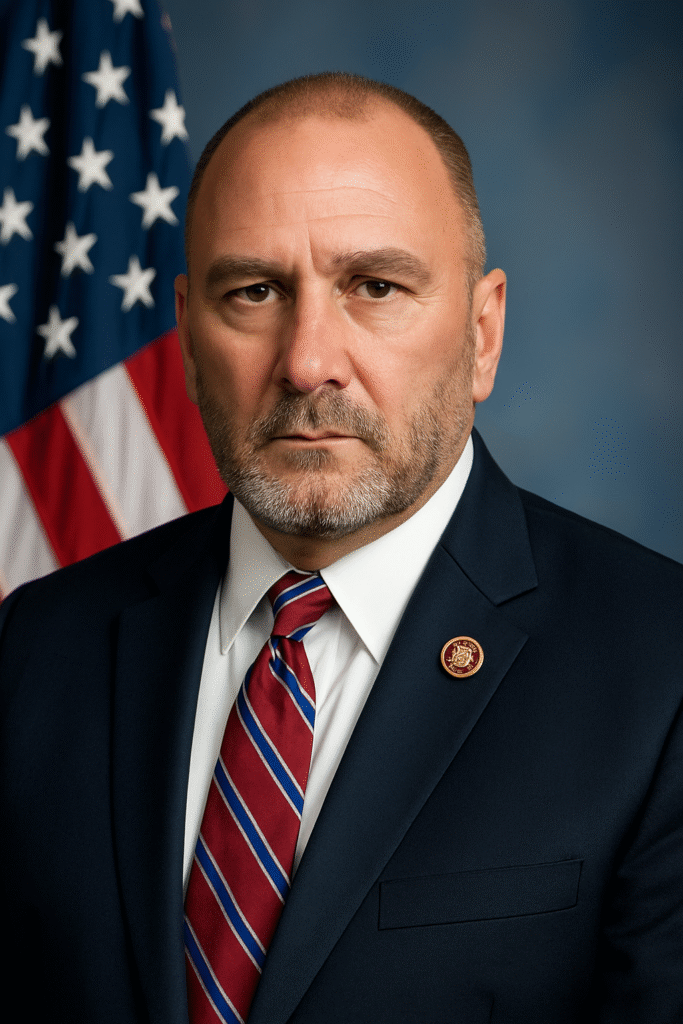 Portrait of U.S. Congressman Clay Higgins wearing a suit with an American flag in the background.