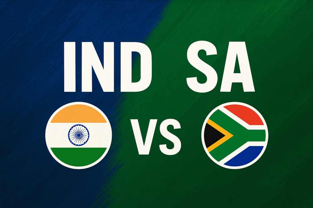 IND vs SA cricket match graphic showing India and South Africa flags with a bold VS in the center.
