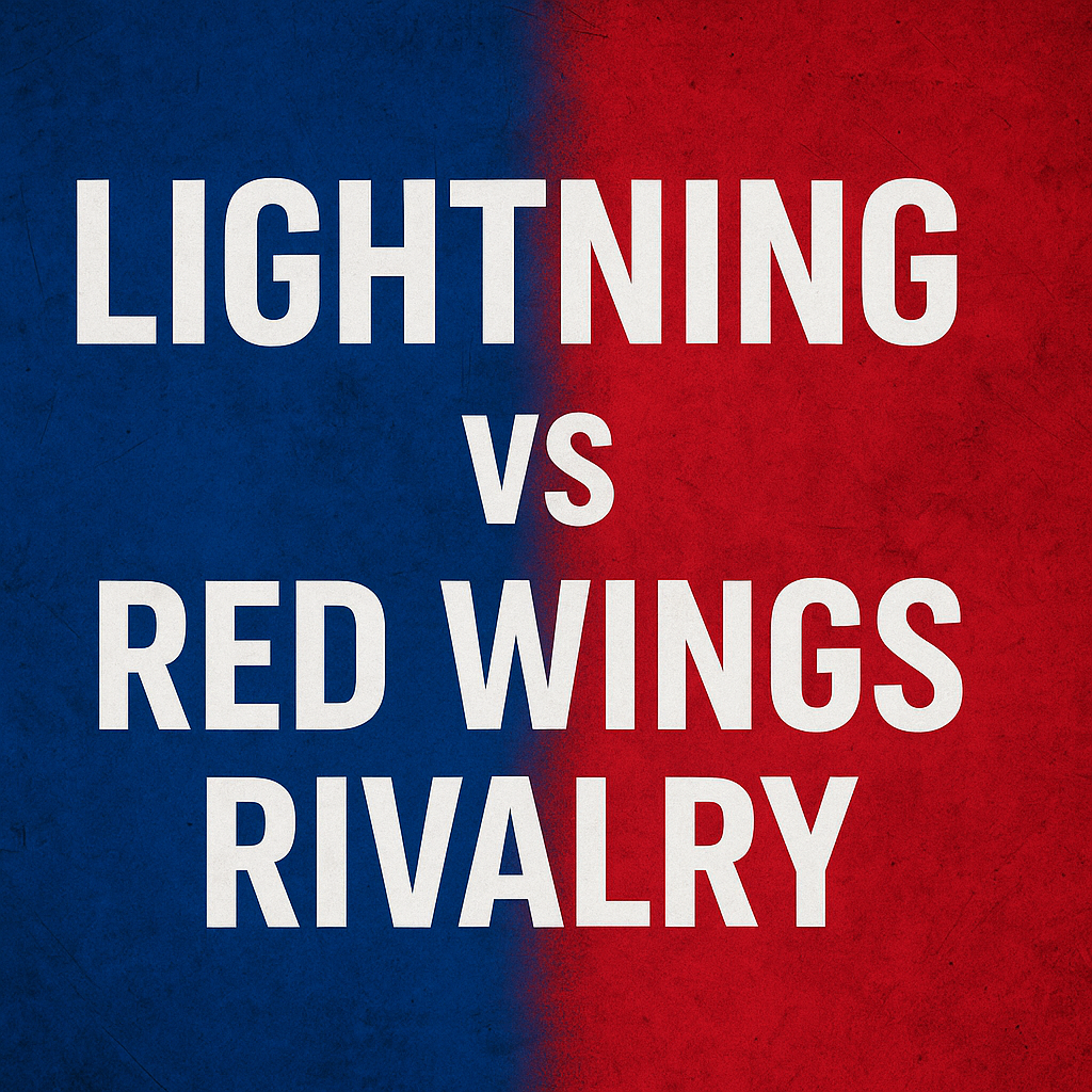 Graphic design showing Lightning vs Red Wings Rivalry text with a bold white font centered over a split blue and red background symbolizing Tampa Bay Lightning and Detroit Red Wings.