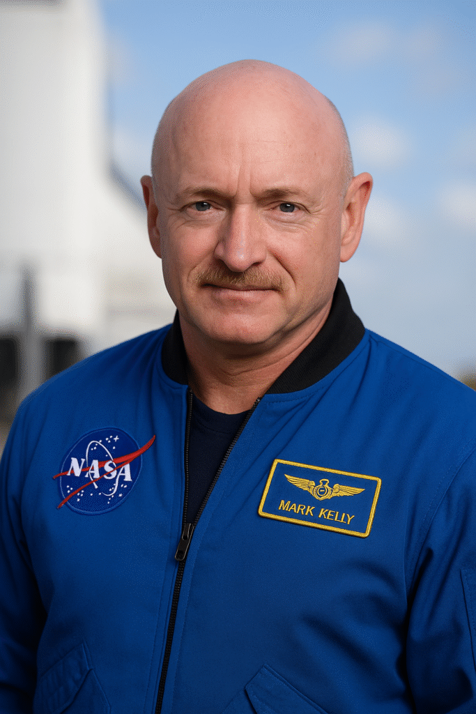 Mark Kelly in a blue NASA flight suit smiling outdoors, photographed during his astronaut career.