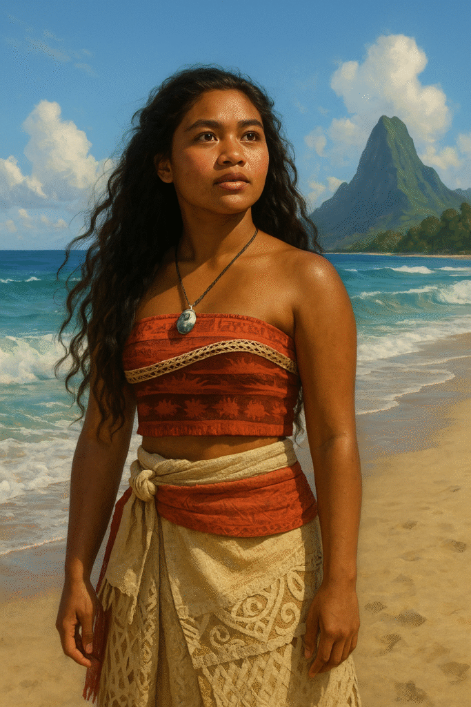 Realistic digital illustration of a young Polynesian girl moana live action wearing traditional island clothing while standing on a beach with mountains and ocean waves behind her.