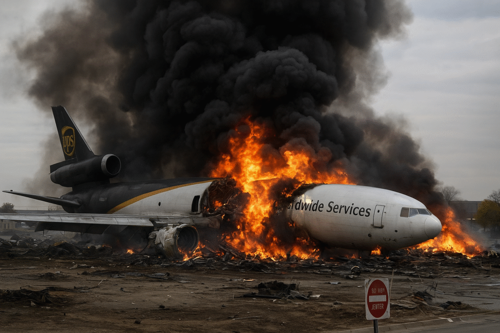 A UPS MD-11 cargo plane engulfed in flames after crashing near Louisville Muhammad Ali International Airport in Kentucky, with smoke rising over the runway and emergency vehicles responding.