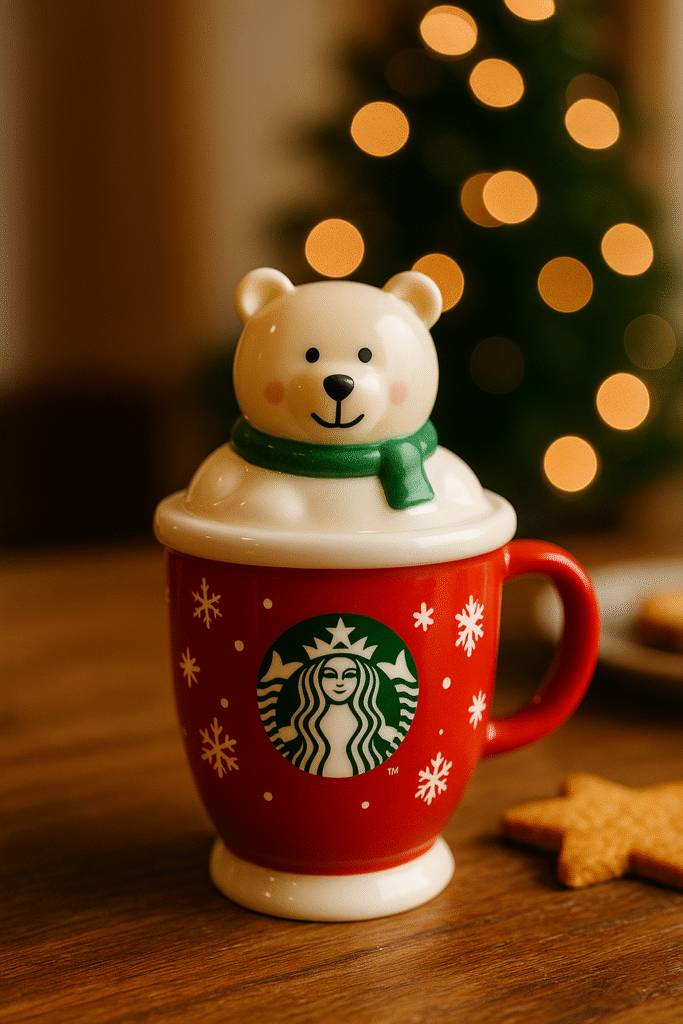 A festive Starbucks Bearista Cup featuring a smiling teddy bear lid wearing a green scarf, placed on a wooden table beside a star-shaped cookie, with a softly glowing Christmas tree in the background.