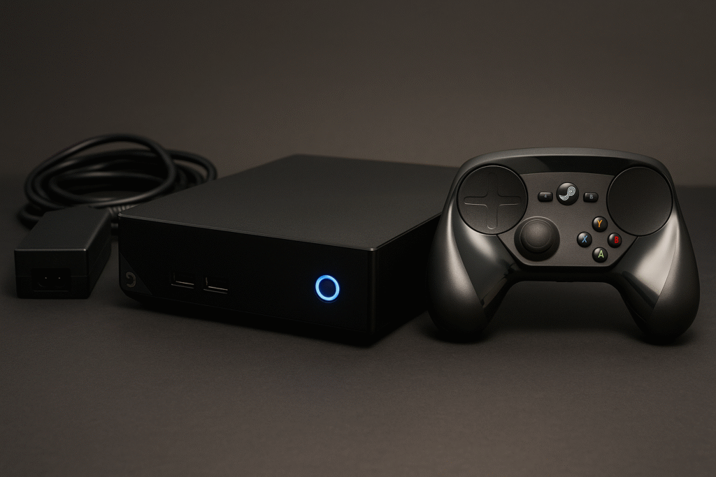 A black Valve Steam Machine console placed beside a Steam Controller and power adapter on a dark surface, lit with soft studio lighting.