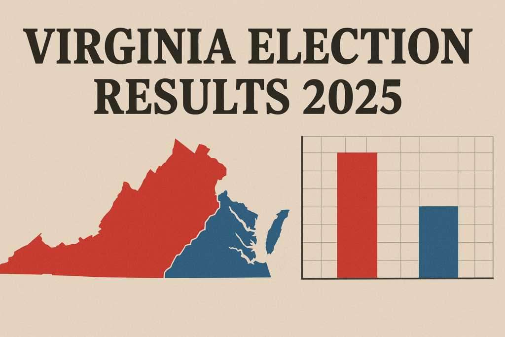A digital map of Virginia Election Results 2025 by county in red and blue, with text overlay reading “Virginia Election Results 2025 – Live Updates” and the Virginia State Capitol in the background.