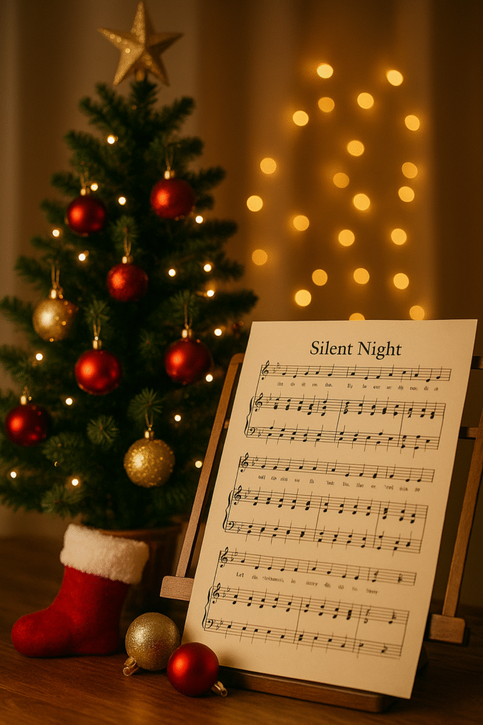 A warmly lit Christmas scene featuring a decorated tree with red and gold ornaments, a small red stocking, and sheet music for “Silent Night” displayed on a wooden stand.