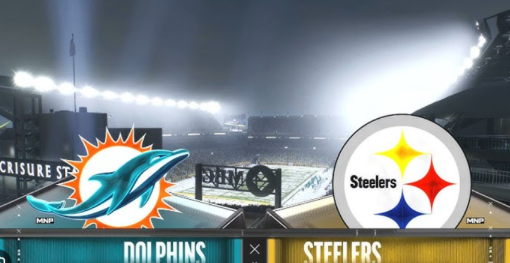 Digital graphic showing the Steelers vs Dolphins logos over a nighttime football stadium background