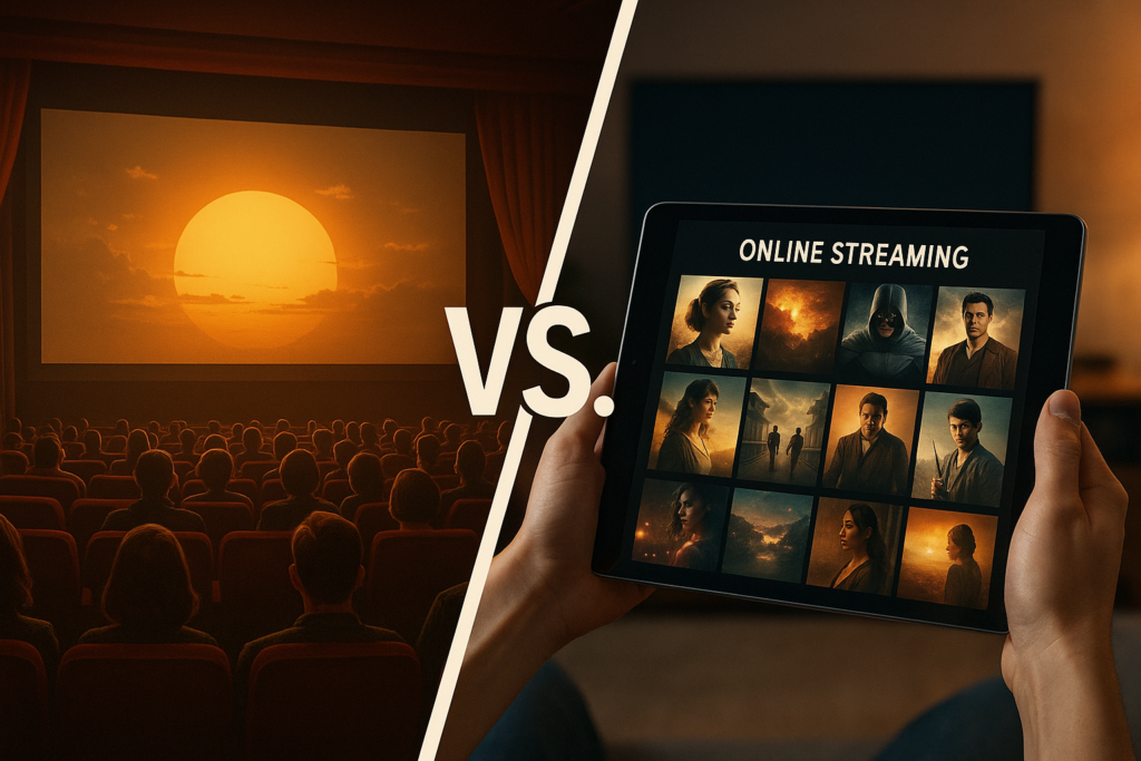 Netflix Warner Bros: Split-screen image comparing a traditional movie theater with a person browsing online streaming options on a tablet