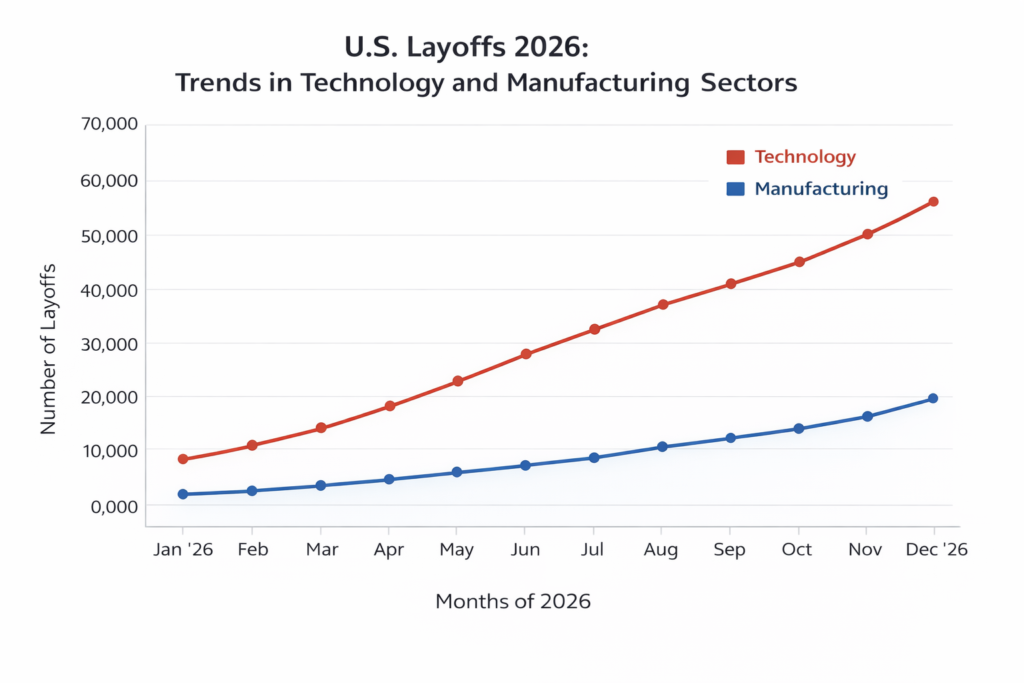 Chart showing US Layoffs 2026 trends in the technology and manufacturing sectors.